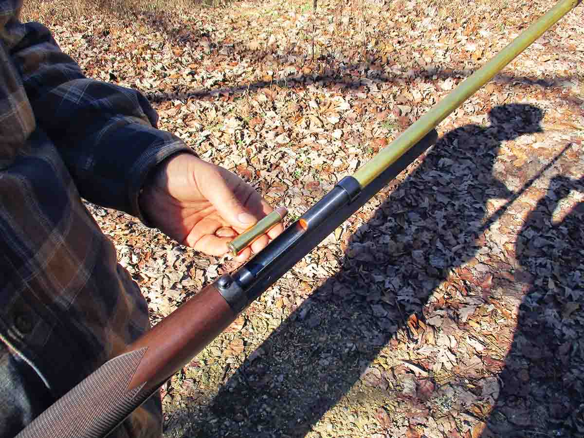 Cartridges can be loaded into the cutout on the magazine tube with the tube assembly only partially out of the gun.